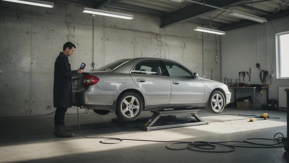Inspector checking the underbody of a used sedan raised on a workshop lift