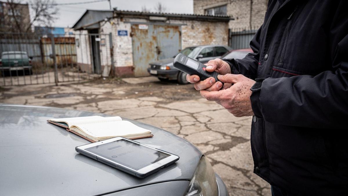 Inspector measuring paint depth on a used car panel during a static inspection